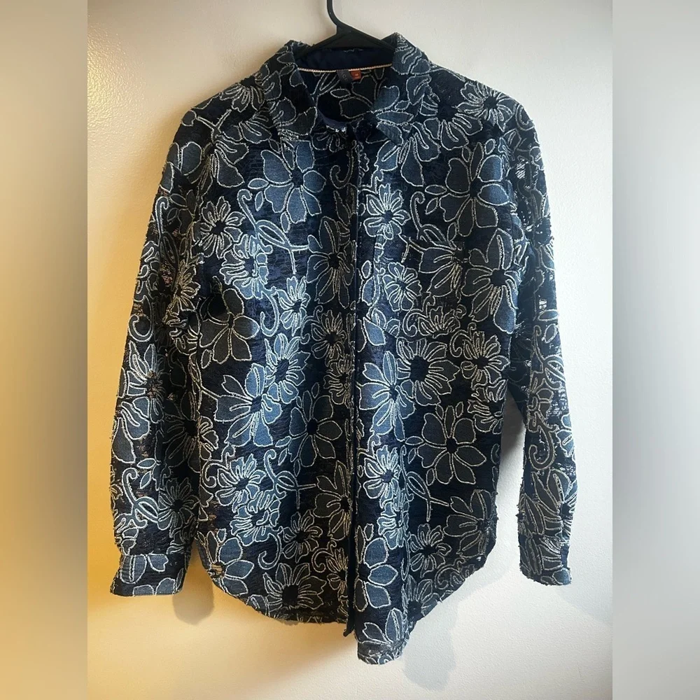 Pilcro Anthropologie Navy Blue Sheer Lace Button Down Shirt Size XS
